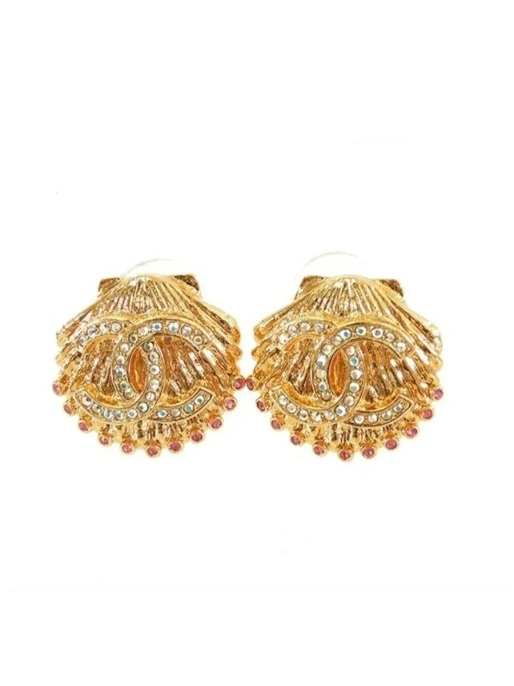 Chanel Shell Motif Earrings Gold Metal Rhinestone CC Logo